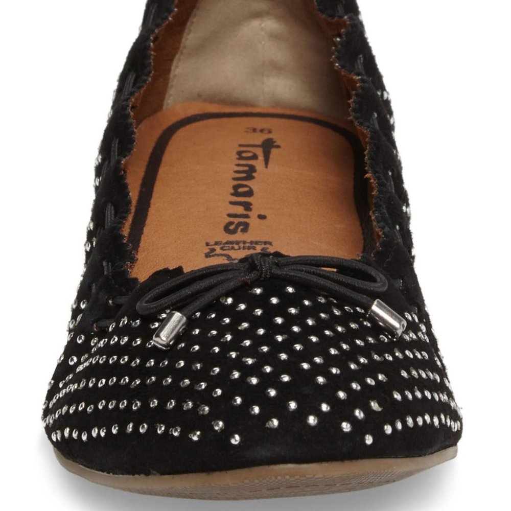 Tamaris NEW Ballerinas Flats Metallic Studs Shoe BLACK Suede Leather Womens 7.5 - Picture 4 of 17